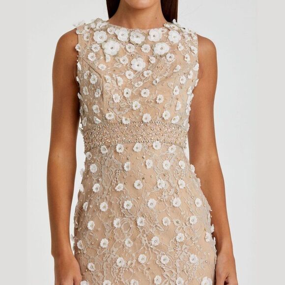 Mac Duggal 67853 Size 14 White Beige Nude 3D Floral Sleeveless Midi Sheath Dress - Picture 3 of 4